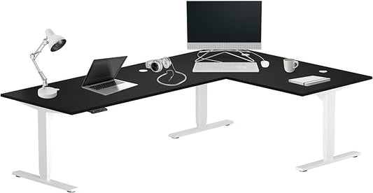 Progressive Desk Stand Up Height Adjustable Standing Desk - L Shaped 83" x 55" Corner Computer Rising Workstation Electric Table - White Frame, Ebony Oak Top