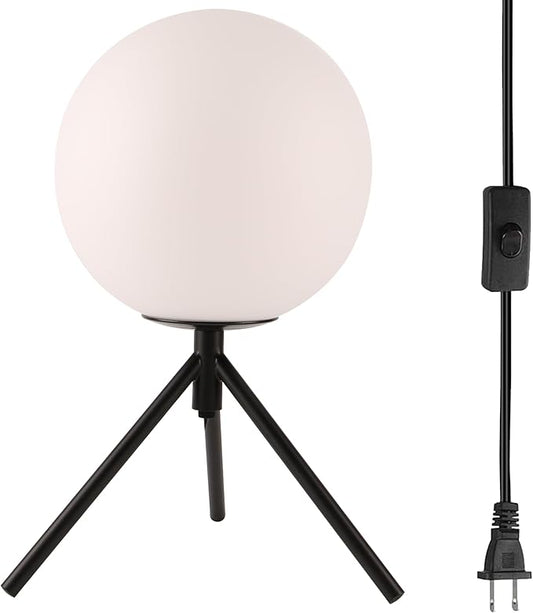 Modern Globe Table Lamp Milk White Glass Table Lamp Small Bedside Lamp Nightstand Lamp with Black Tripod Base Minimalist Ball Reading Desk Lamp for Bedrooom Living Room Office Study Room
