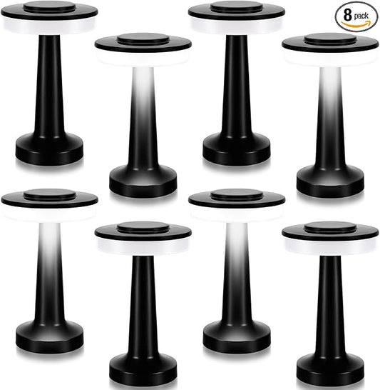 VIHOSE 8 Pcs 8 Pcs Cordless Table Lamps LED Portable Rechargeable Table Lamp with Touch Sensor 3 Color Dimming up to 15 Hours Battery Desk Light for Restaurant Nursery Living Room (Black)