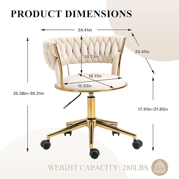 Home Office Chair with Hand Woven, Velvet Upholstered Desk Chair with Open Back, 360° Swivel & Height Adjustable Task Chair, Ergonomic Office Chair with Gold Base (Ivory)