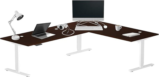 Progressive Desk Stand Up Height Adjustable Standing Desk - L Shaped 85" x 72" Corner Computer Rising Workstation Electric Table - White Frame, Roasted Walnut Top