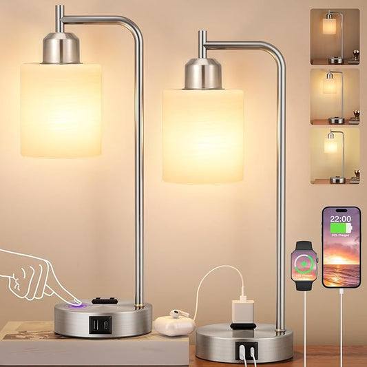 Innqoo Industrial Nickel Table Lamps for Bedrooms Set of 2-3-Way Dimmable Desk Lamp with USB C+A Ports and Outlet, Sliver Lamps with Striped White Glass Shade for Living Room