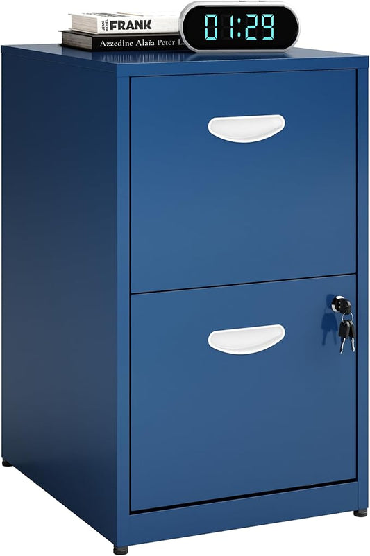 2 Drawer File Cabinet with Lock, Small Filing Cabinet for Home Office, Metal File Cabinet with Drawers for Under Desk, Blue, Assembly Required