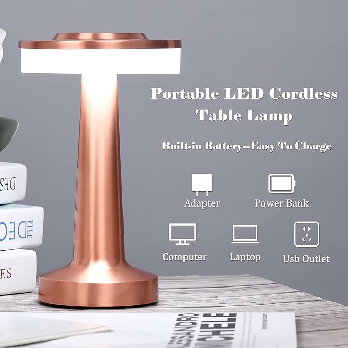 Riakrum Set of 2 LED Portable Cordless Table Lamp with Touch Sensor 3 Color Stepless Dimming Rechargeable Battery up to 15 Hours Cordless Table Light Wireless Lamp for Nursery(Rose Gold,4 Pcs)