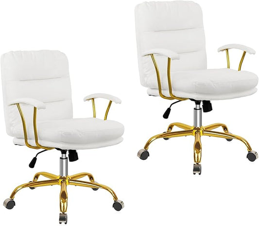 Leather Home Office Desk Chair, Mid-Back Vanity Chair Make Up Chair with Gold Wheels and Armrests, Rolling Swivel Computer Task Chair for Office Bedroom Living Room Girls Women, White, 2 Pack