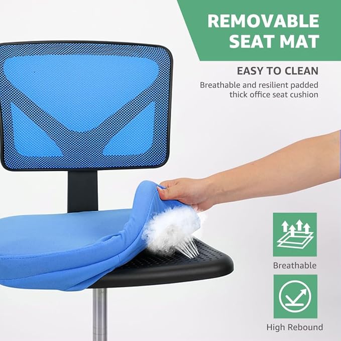 Armless Mesh Office Chair, Ergonomic Low Back Deskchair, Adjustable Rolling Task Computer Swivelchairs for Small Spaces Home Bedroom Study, Blue