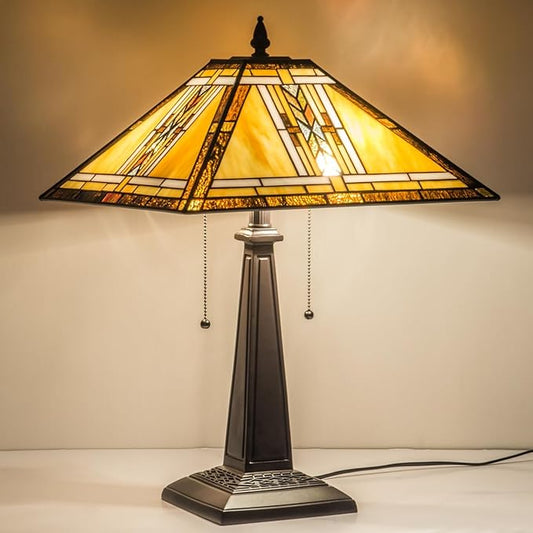 Tiffany Table Lamp,Mission Style Stained Glass Table Light,Antique Style 16 inch Large Desk Lamp,2 Lights Vintage Beside Reading Lamp for Living Room Bedroom Office