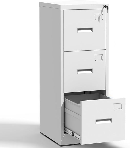 3-Drawer Locking Vertical File Cabinet, Metal Storage Cabinet for Office/Home – Secure Vertical Filing for Letter/Legal/A4/F4 Documents, Easy to Assemble Steel Cabinet, White