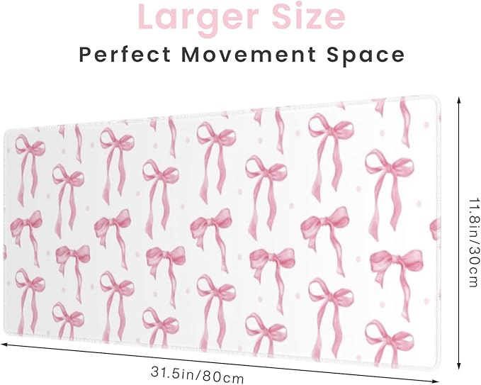 Large Mouse Pad, Pink Bow Desk Mat Gaming Mouse Pad 31.5 x 11.8in for Laptop Computer PC, Non-Slip Rubber Base Cute Bows Mousepad Office Accessories Desktop Decor Bow Coquette Mat for Girls