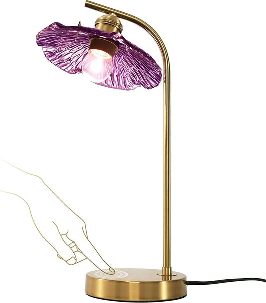 Mid Century Modern Table Lamp Gold Table Lamps Side Table Lamp with Glass Flower Shade Vintage Nightstand Lamp Purple Desk Lamp Touch Bedside Lamp for Bedroom Nightstand Living Room End Table