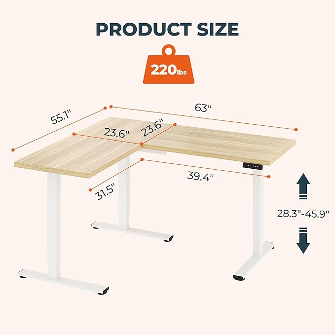 L-Shaped Standing Desk, 63 x 55 Inches Height Adjustable Desk with Storage, Sit and Stand up for Work Office Home, Ergonomic Rising Computer Table for Home Office with Splice Board, Maple