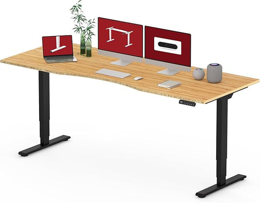 Standing Desk 3 Stages Dual Motor 78 inch Whole-Piece Real Bamboo Desktop Height Adjustable Desk for Home Office Stand Up Desk(Black Frame/ 78" Curved Natural Bamboo Top)