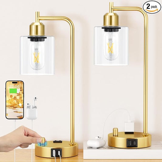 Innqoo Industrial Table Lamp for Bedroom Set of 2 - Fully Dimmable Bedside Lamps with USB Ports and Outlet, Gold Nightstand Lamps with Clear Glass Shade for Living Room, Desk Lamps for Office Reading
