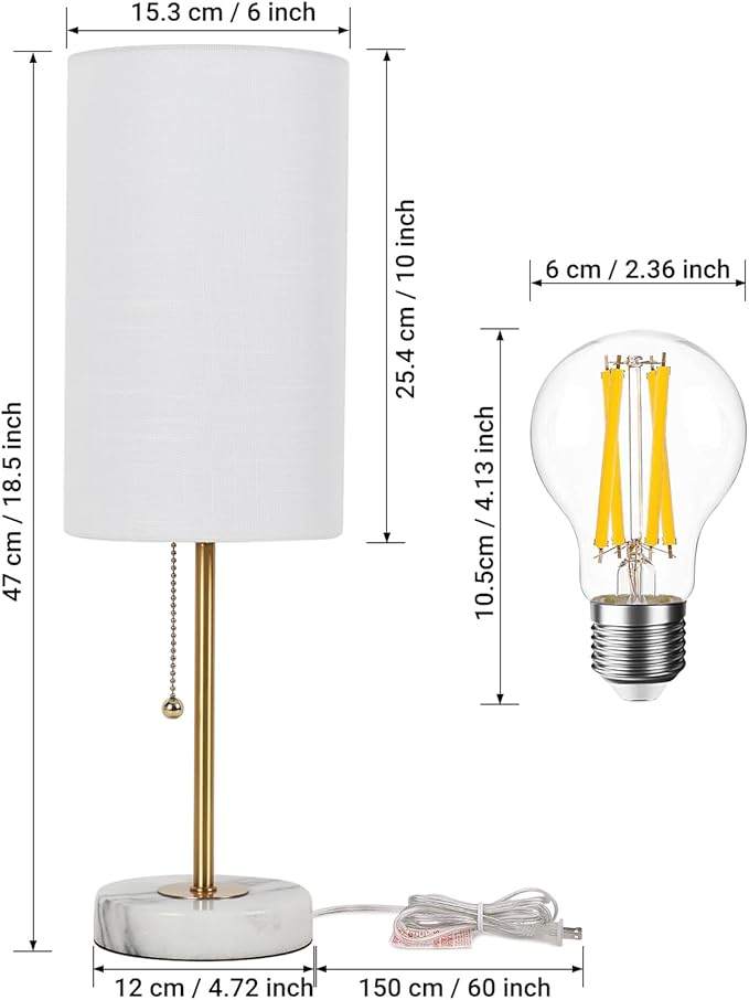 Small Table Lamp, Bedroom Lamps Set of 2, 3 Way Dimmable Bedside Lamps with Marble Base & Linen Shade &Pull Chain Nightstand Lamps 18.5 Inches Desk Lamps for Living Room(Bulbs Included)