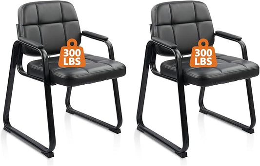 CLATINA Waiting Room Chairs No Wheels Set of 2, Stationary Leather Office Reception Guest Chair with Padded Arms and Sled Base for Elderly Desk Conference Room Lobby Table Side Salon