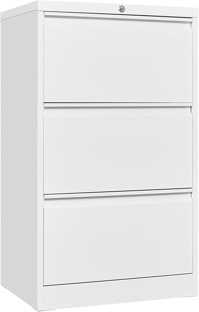 GarveeLife 3 Drawers Lateral File Cabinet with Lock, Metal Filing Cabinet with Card Holder, Steel Drawer File Cabinets Under Desk for Home Office Legal/Letter/f4/a4 Size White