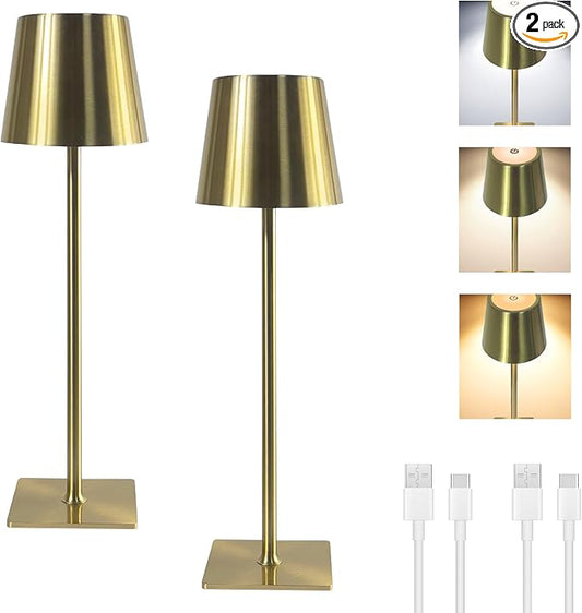 MIOBLUE 2 Rechargeable Desk Lamps, Portable LED Desk Lamps, Powered by 5200mAh Batteries, with Three Color stepless dimming, Suitable for bedrooms/Restaurants/desks, bar counters (Gold)