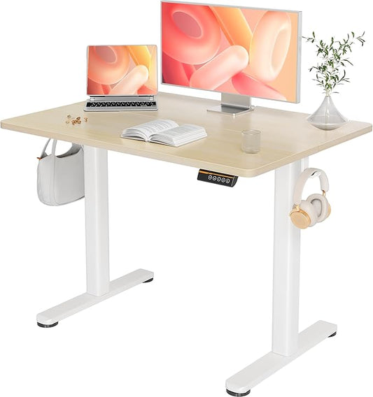 YDN Electric Standing Desk Adjustable Height, 40 x 24 Inches Stand up Desk with Cable Management, Home Office Desks with Splice Board & White Frame, Nature Top