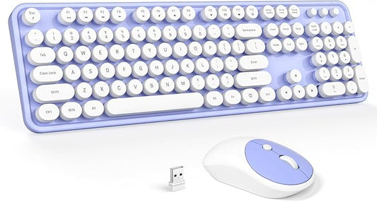 Wireless Keyboard and Mouse Combo - GEEZER Purple-White Full-Sized Colorful Keyboard 104 Keys - USB 2.4 G Receiver Plug and Play with Round Keycap Typewriter Keyboards, for Windows, PC, Laptop