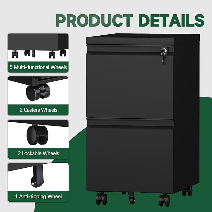 2 Drawer Black File Cabinet with Lock,29" H Small Filing Cabinet for Under Desk,Metal Mobile File Cabinet for Home Office Organizer Letters/Legal/A4(Assembly Required)