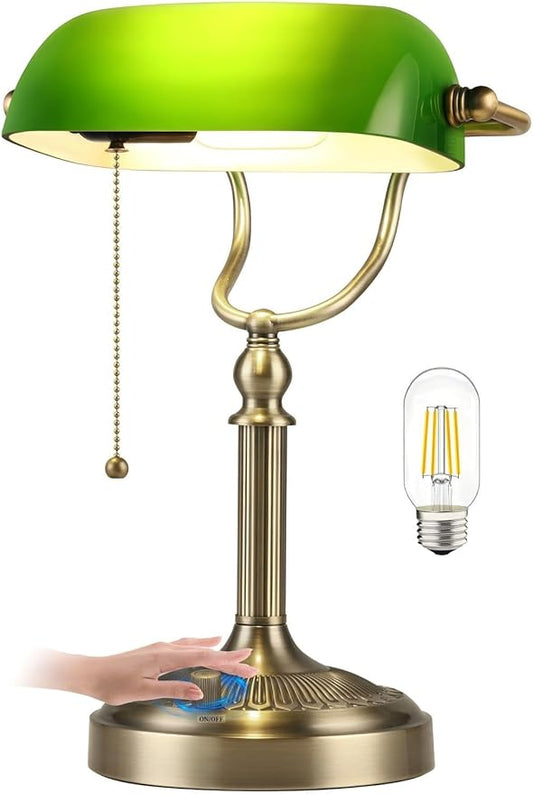Newrays Green Glass Bankers Desk Lamp, Stepless Dimmable Table Lamp Plug in Fixture for Study, Office, LED Bulb Included