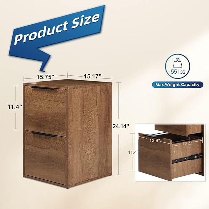 LUCYPAL Wood File Cabinet,2 Drawer Filing Cabinets for Home Office,Vertical File Cabinets with Handle for Letter Size,Brown