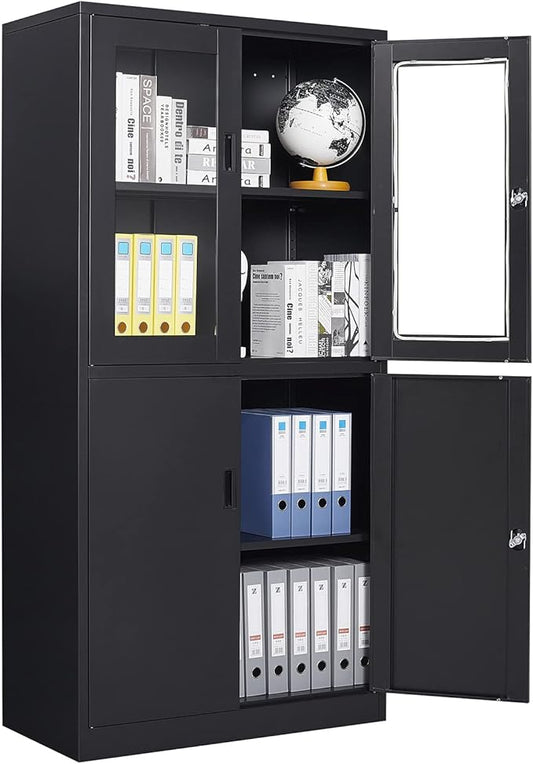 STANI Black Metal Cabinet, Locking Steel Storage with Shelves, Tall Metal Utility Cabinet 2 Doors, Lockable Steel Cabinets for Home Office (4 Doors, Black)
