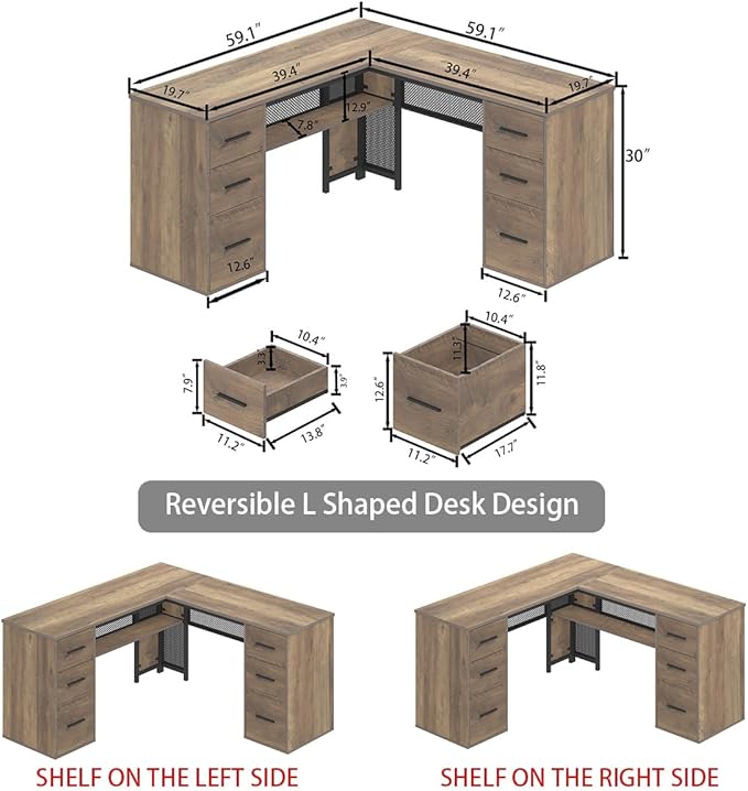 HSH Large L Shaped Home Office Desk with Drawers, Rustic L-shaped Computer Desk with Storage File Cabinet Shelves, Corner Reversible Metal Wood Executive Work Study Writing Table, 59 Inch Bedroom Desk
