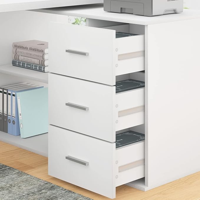 HSH White L Shaped Desk with Drawers Shelves, 360 Rotating L Shape Computer Desk with Storage Cabinet, Corner Home Office Desk Computer Table，55 Inch