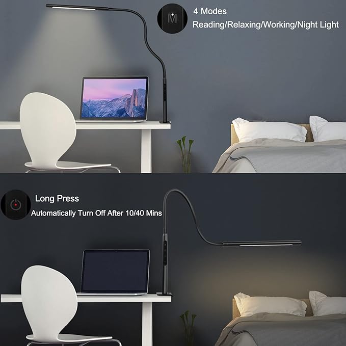 Swing Arm Lamp, 12W Eye-Care Flexible Gooseneck Desk Lamp, Stepless Dimming and Adjustable Color Temperature Modern LED Clamp Light with Memory Function