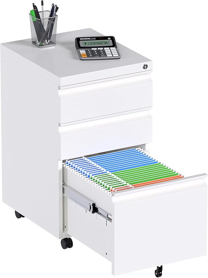 3 Drawer Metal Rolling File Cabinet with Lock, Under Desk Mobile Filing Storage Cabinet for Home Office School, Fully Assembled Except Wheels, White