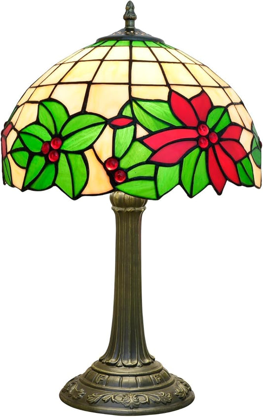 Tiffany Lamp Stained Glass Table Lamp 12 Inch Green Red Christmas Flower Warm Color Reading Lamp Suitable Shops Dormitories Home and Office Decoration Tiffany Style Retro Holiday Home Decoration Gift