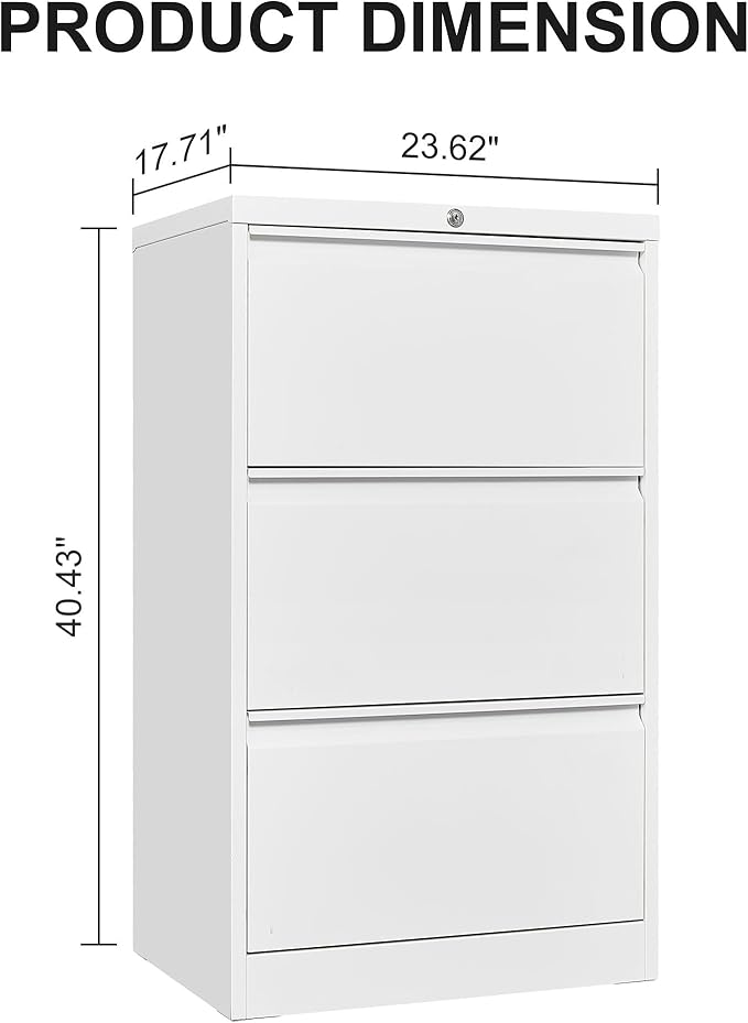 GarveeLife 3 Drawers Lateral File Cabinet with Lock, Metal Filing Cabinet with Card Holder, Steel Drawer File Cabinets Under Desk for Home Office Legal/Letter/f4/a4 Size White