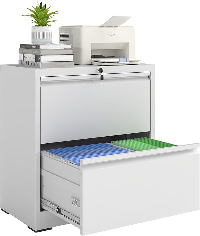 2 Drawer File Cabinet with Lock, Lateral Filing Cabinets,Metal Storage Filing Cabinets for Home Office, Heavy Duty File Cabinet for Letter/Legal/A4/F4 Size, Amssebly Required, White