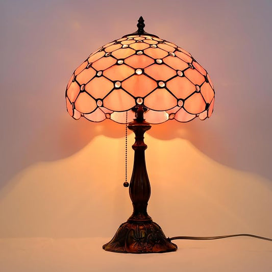 Tiffany Lamp Vintage Pink Stained Glass Bead Table Lamp Desk Bedside Reading Light Decor Bedroom Living Room Home Office D12*H18 Inches
