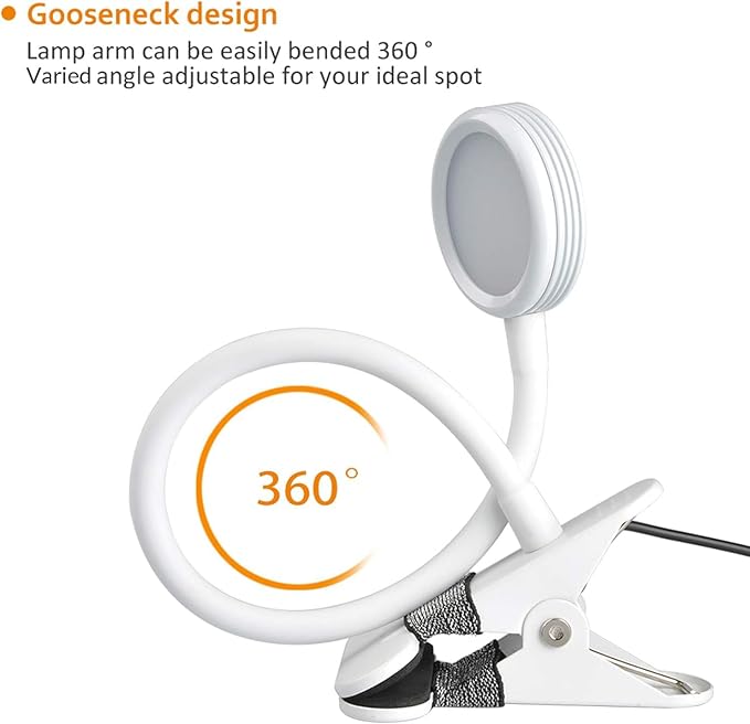 LEPOWER Clip on Light/Reading Lights/Book Light Color Changeable/Night Lights Clip on for Desk, Bed Headboard and Computers, Adapter Included (White)