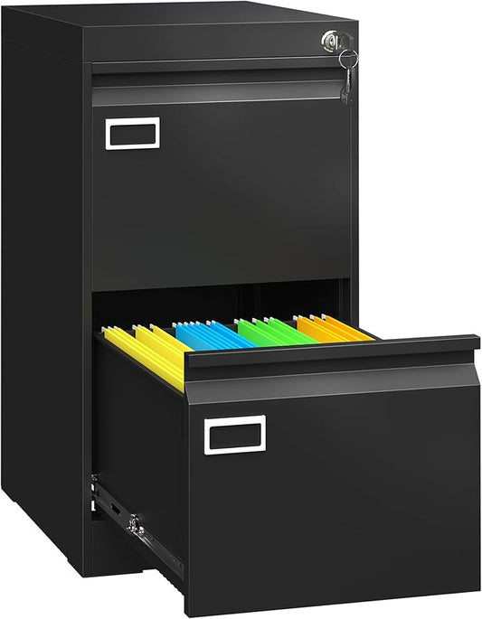 2 Drawer File Cabinet with Lock, Metal Small File Cabinet, Black Filing Cabinets for Home Office, Vertical File Cabinets Locked