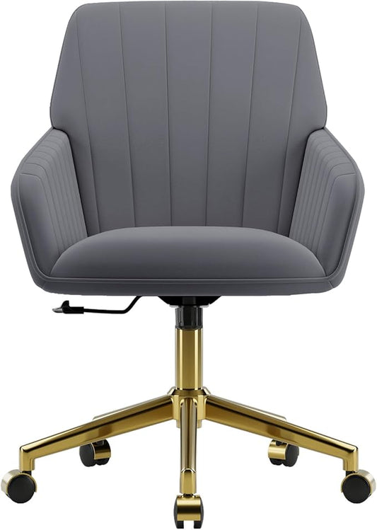 YISHENG Velvet Office Desk Chair with Gold Base, with Wheels,Modern Height Adjustable 360 Degree Swivel Upholstered Vanity Chairs with Arms for Living Room Bedroom，Gray