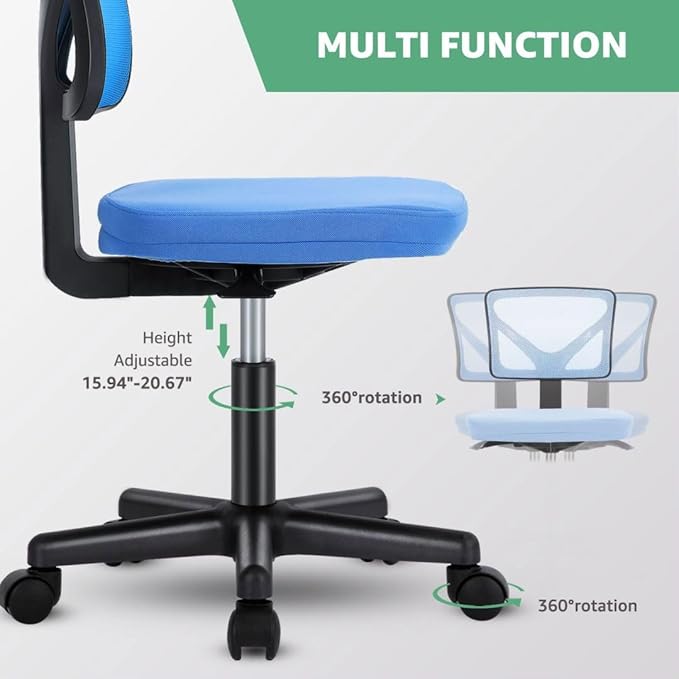 Armless Mesh Office Chair, Ergonomic Low Back Deskchair, Adjustable Rolling Task Computer Swivelchairs for Small Spaces Home Bedroom Study, Blue