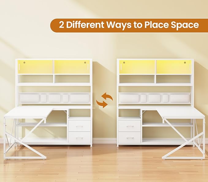 SEDETA L Shaped Gaming Desk, Home Office Computer Desk with 2 Drawer and Bookshelf, L Shaped Gaming Corner Desk with LED Light, Glass Cabinet,Storage Bag and Storage Shelves, White