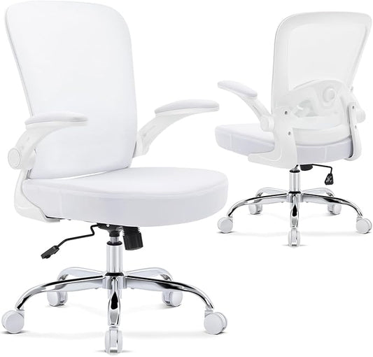 Office Chair,Ergonomic Desk Chair with Adjustable Lumbar Support, Mesh High Back Computer Chair with Flip-up Armrests,Rocking Tilt Rolling Swivel Executive Chair for Home Office White