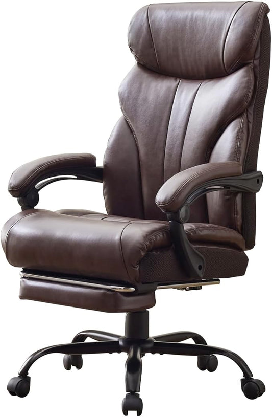 Leather Home Office Chair with Foot Rest,500lbs Big and Tall Ergonomic Desk Chair,360°Swivel Free,90°-155°Recline,43"- 47" Height Adjustable,Silent 360° Casters for Home Office Computer Desk