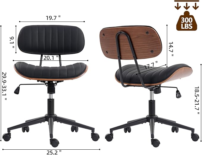 Home Office Chair with Wheels, Adjustable Height Desk Chair Leather Swivel Computer Chair, Armless Modern Walnut Chair for Office, Meeting Room, Black