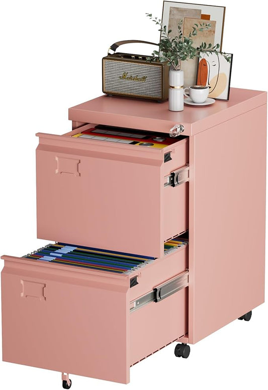 METAN 2 Drawer Vertical File Cabinet with Lock, Mobile Metal Filing Cabinet for Legal/Letter Size, Office Storage File Cabinet Under Desk with Card Holder,Assembly Required,Pink