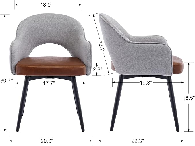 DUOMAY Modern Swivel Dining Chairs Set of 4, Linen & Faux Leather Upholstered Accent Side Chair, Home Office Desk Chair with No Wheels for Dining Room Living Room Office, Light Grey