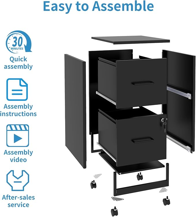Mobile File Cabinet with Lock, 2 Drawer File Cabinets with Adujustable Feet and Wheels, Metal Office Storage Cabinet Under Desk,Vertical Filing Cabinets for Home Office, Required Assembly