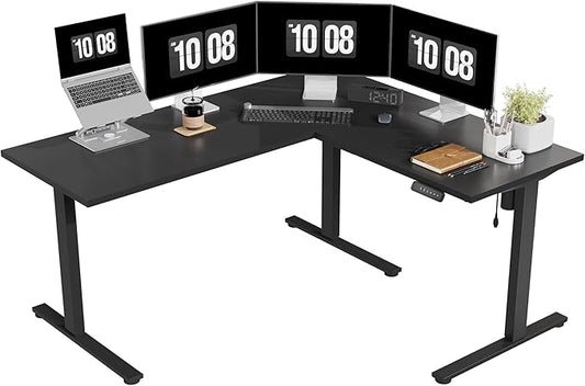 SANODESK Electric Corner L-Shaped 63 x 55 in Standing Desk, Memory Height Adjustment, Black Top Black Frame