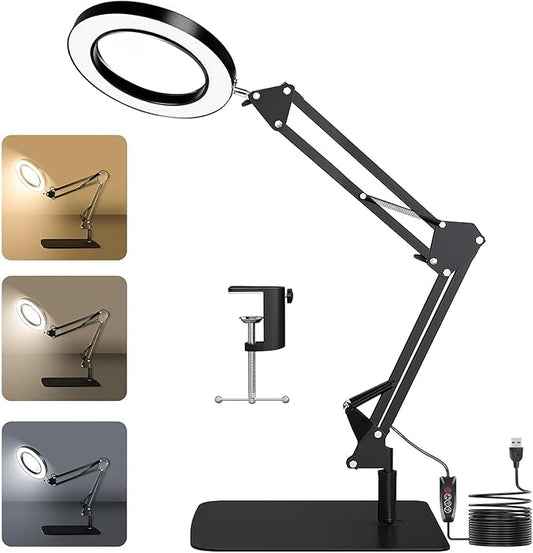 15X Magnifying Glass with Light – Real Glass Lens, 72 LEDs, 3 Color Modes Stepless Dimmable, Adjustable Swing Arm with Clamp and Base, Hands-Free Magnifier for Crafts, Reading, Repair, Close Work