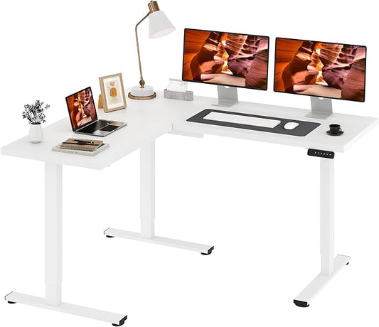 L-Shaped Standing Desk, 63 x 55 Inches Height Adjustable Desk, Sit and Stand up for Work Office Home, Ergonomic Rising Computer Table for Home Office with Splice Board, White