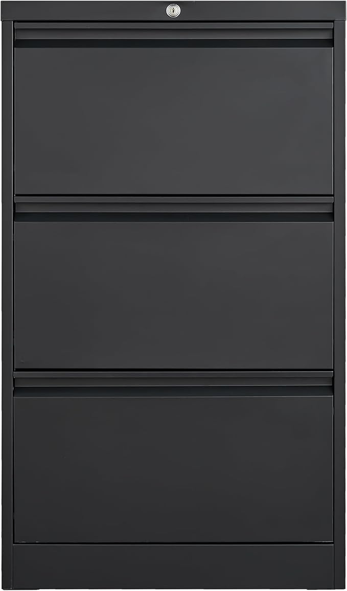 GarveeLife 3 Drawers Lateral File Cabinet with Lock, Metal Filing Cabinet with Card Holder, Steel Drawer File Cabinets Under Desk for Home Office Legal/Letter/f4/a4 Size Black
